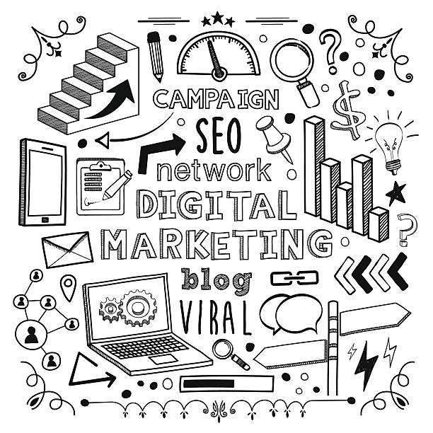 Digital Marketing Digital Marketing themed (doodle) hand-drawn illustration. technology drawings stock illustrations