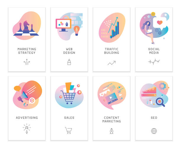 Digital Marketing Editable set of vector illustrations on layers. 
This is an AI EPS 10 file format, with transparency effects, gradients and blends. icon illustrations stock illustrations