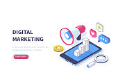 Digital marketing concept. Can use for web banner, infographics, hero images. Flat isometric vector illustration isolated on white background.