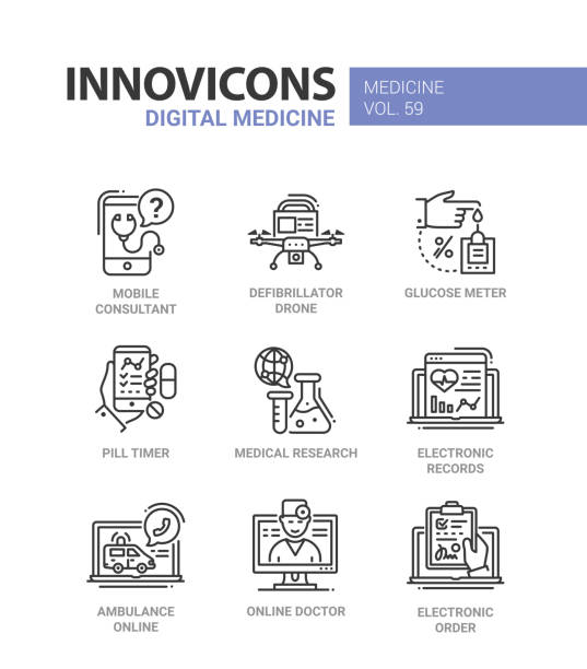 Digital medicine - line design icons set Digital medicine - line design icons set with description. Mobile consultant, defibrillator drone, glucose meter, pill timer, medical research, electronic records, ambulance online, doctor, order drone clipart stock illustrations