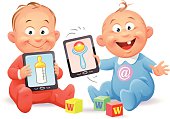 Two babies playing with tablet computers and toy blocks, isolated on white. EPS 10, grouped and labeled in layers.