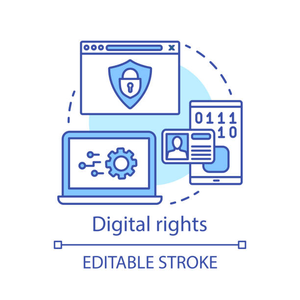 Digital rights concept icon Digital rights concept icon. Intellectual property protection idea thin line illustration. Cyber security. Copyright infringement. Internet hacking. Vector isolated outline drawing. Editable stroke security drawings stock illustrations