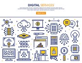 Line vector illustration of digital and electronic services. Banner/Header Icons.