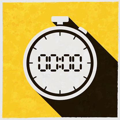 Digital stopwatch. Icon with long shadow on textured yellow background
