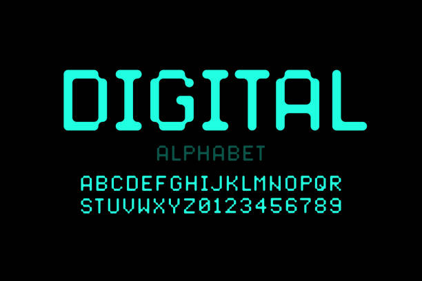 Digital style font Digital style font, alphabet letters and numbers, vector illustration byte stock illustrations