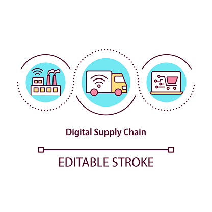 Digital supply chain concept icon. Difficulty introducing digital supply chain idea thin line illustration. Problems of chain visibility. Vector isolated outline RGB color drawing. Editable stroke