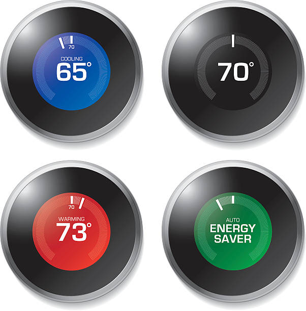 Digital Thermostat Illustration of a digital thermostat in 4 different functioning displays. File is organized into layers and download includes: PDF, JPG, EPS formats. thermostat stock illustrations
