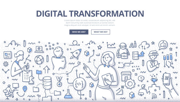 ilustrações, clipart, desenhos animados e ícones de conceito doodle de transformação digital - transformação digital