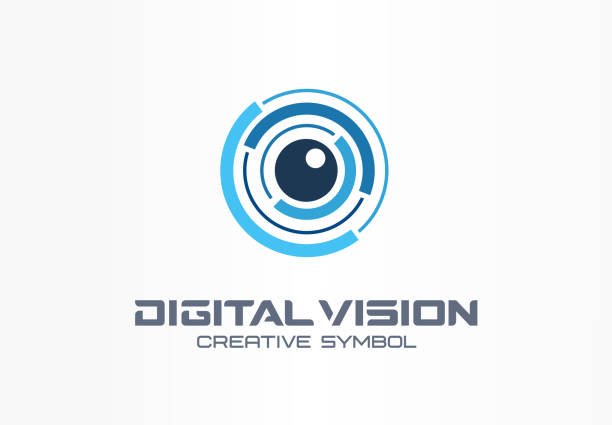 цифровое видение творческой концепции символа. сканирование радужной оболочки глаза, vr система абстрактной бизнес-пиктограммы - lens stock illustrations