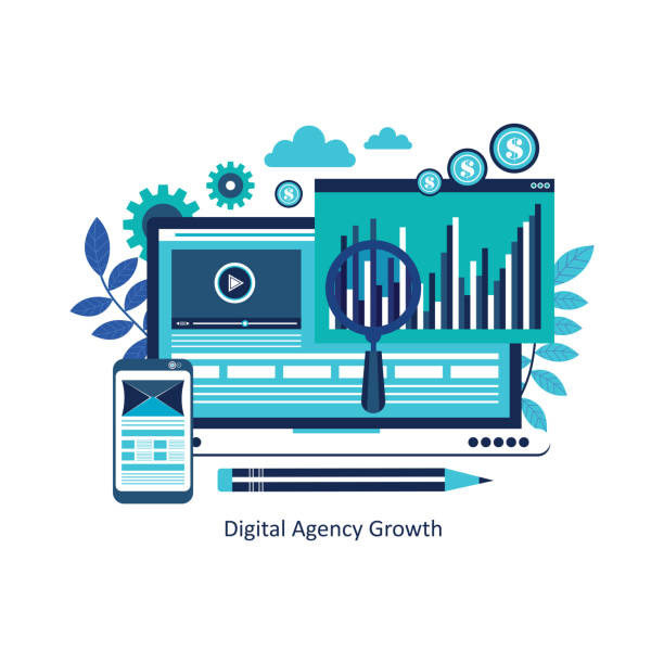 Digital web marketing concept Digital Marketing, Analyzing, growth, laptop, agency, website, Development, Strategy digital agency stock illustrations
