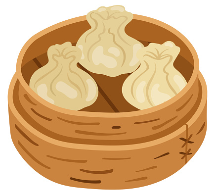 Dim sum in bamboo steamer. Hand drawn vector illustration. Suitable for website, stickers, gift cards.
