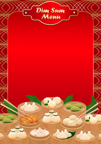 Dim Sum menu template page. Chinese Dumplings menu in traditional red style.