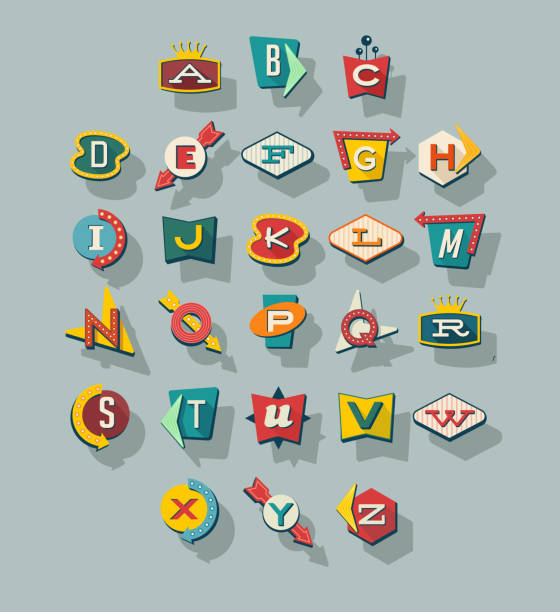 Dimensional retro style signs alphabet. Letters on vintage style signs. Dimensional retro style signs alphabet. Letters on vintage style signs. Collection reminiscent of 1950s roadside signs. Vector illustration. alphabet icons stock illustrations