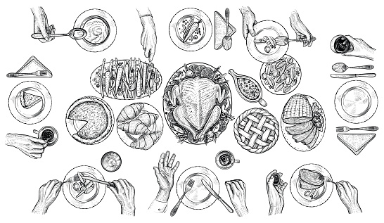 Dining people, vector illustration. Hands with cutlery at the table. Top view drawing.