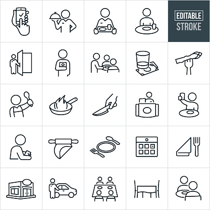 A set of dining icons that include editable strokes or outlines using the EPS vector file. The icons include an online reservation using a smartphone, waiter with meal, waitress delivering a meal, customer eating at table, restaurant, doorman, tip, waiter waiting a table, cooked food, cook with wooden spoon, frying pan cooking food, restaurant staff, restaurant front desk, waitress taking order, rolling pin with dough, place setting, calendar, fork and napkin, valet service, customers eating a dining table, dining table and two people having a meal at a table.