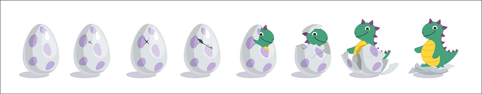 Dino hatching egg in different stage of eggshell crashing. Birth of cute little prehistoric reptile dinosaur or fantastic dragon item vector illustration isolated on white background