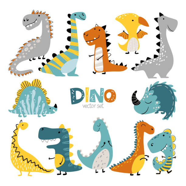 Dino set scandinavian Dinosaurs vector set in cartoon scandinavian style. Colorful cute baby illustration is ideal for a children s room. monster fictional character stock illustrations