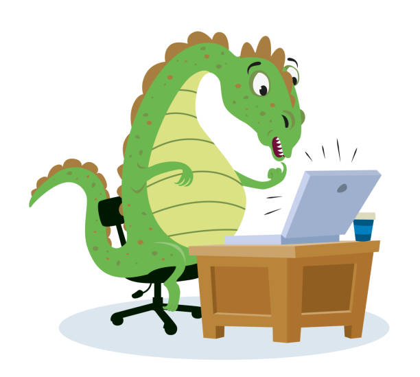 Vector Illustration of a Cartoon Dinosaur at Computer doing Home Office with an expression of difficulty and trouble on his face