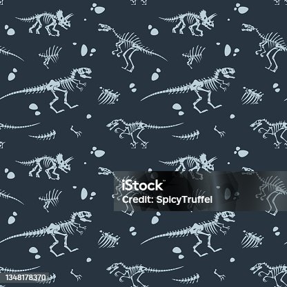 istock Dinosaur bones pattern. Cartoon seamless texture with prehistoric reptile skeletons. Ancient paleontology fossil. Jurassic lizard silhouettes background. Vector extinct animals print 1348178370
