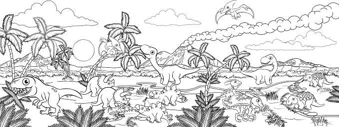 ✓ Imagen de Escena de paisaje prehistórico de dibujos animados de  dinosaurios Fotografía de Stock