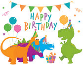 A vector illustration of cute cartoon dinosaurs celebrating a birthday. Objects are grouped and layered for easy editing. Files included: AI, ESP10, large high res JPG and PNG.