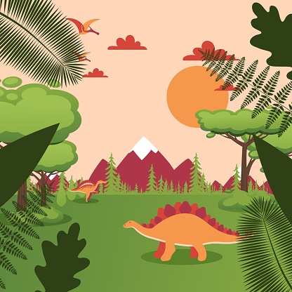 Dinosaur in natural landscape, Jurassic park vector illustration