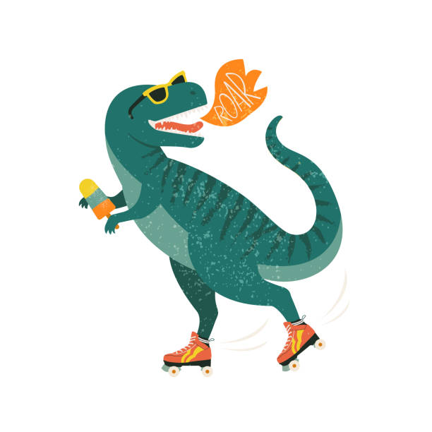 Dinosaur on roller skates with ice cream. Roar. Vector illustration. Dinosaur on roller skates with ice cream. Roar. Vector illustration. dinosaur stock illustrations