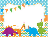 A vector illustration featuring cartoon dinosaurs with birthday hats and a blank invitation. Objects are grouped and layered for easy editing. Files included: AI, EPS10, large high res JPG.