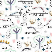istock Dinosaur seamless pattern, Vector illustration with childish drawing pastel colors. Cute monster characters in jungle. Good for baby, kids, and children fashion, textile, print, and wrapping. 1217896612
