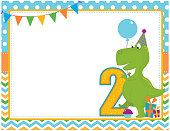 A vector illustration of a second birthday card featuring a dinosaur. Objects are grouped and layered for easy editing. Files included: AI, EPS10, large high res JPG and PNG.