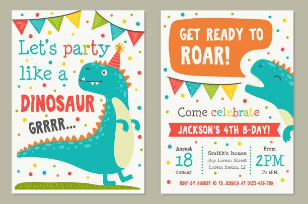 Dinosaur toy party invitation card template Dinosaur toy party invitation card template vector illustration. Lets party like dino and get ready to roar, poster decorated by funny animal, time icon and confetti dinosaur stock illustrations