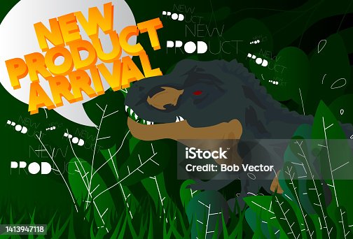 istock Dinosaur with speech bubble saying New Product Arrival word. Tyrannosaurus Rex with thoughts. 1413947118
