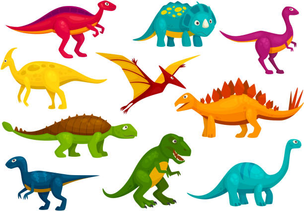 Dinosaurs cartoon collection. Vector animals Dinosaurs cartoon collection. Cute t-rex, tyrannosaurus, pterosaur, pterodactyl toy characters. Vector animals dinosaur stock illustrations