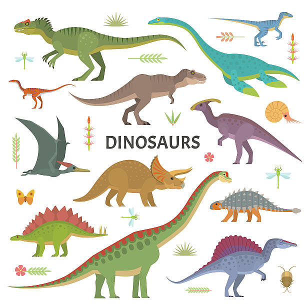 Dinosaurs collection Vector collection of cute flat dinosaurs, including T-rex, Stegosaurus, Velociraptor, Pterodactyl, Brachiosaurus and Triceratop, isolated on white. loch ness monster stock illustrations