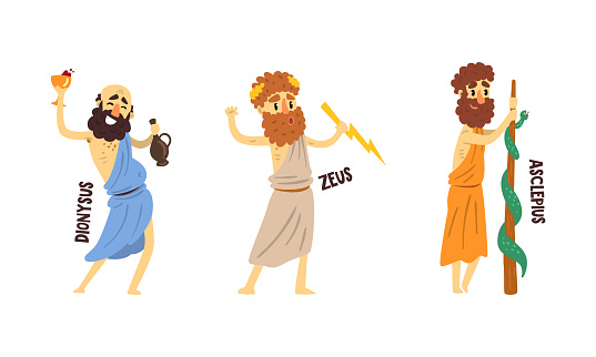 Dionysus, Zeus, Asclepius Olympian Greek Gods Set, Ancient Greece Mythology Vector Illustration