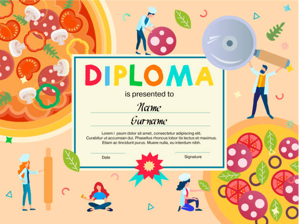 Diploma, certificate, rewarding of participants in cooking courses, contests, master classes vector art illustration