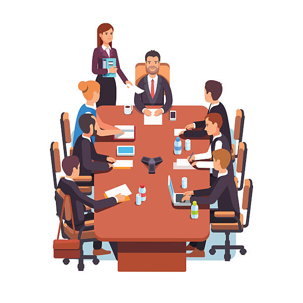 Directors board meeting Directors board meeting. Business executives people working together in conference room at big desk. Flat style color modern vector illustration. leadership clipart stock illustrations
