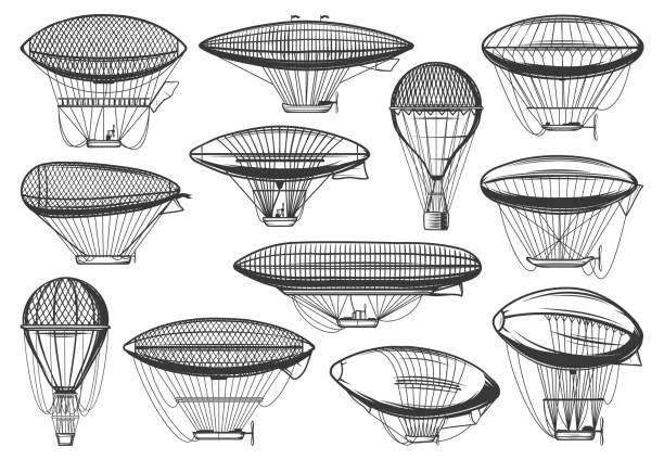 ilustrações de stock, clip art, desenhos animados e ícones de dirigible airships and air balloons, aeronautics - aerial container ship