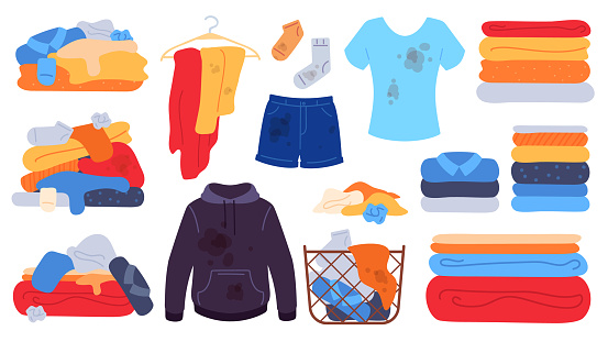 Dirty and clean clothes. Flat laundry basket, jeans, t-shirt and socks with stains. Dirty clothing piles, towels stack. Washing vector set. Illustration dirty clothing illustration pile