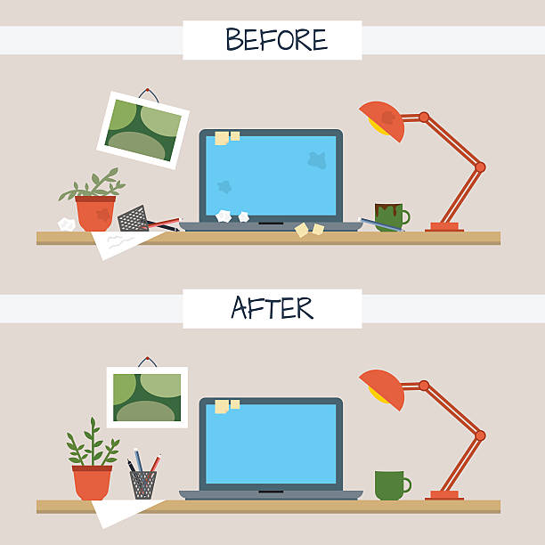 Dirty and clean work table. Dirty and clean work table. Creative mess. Disorder in the interior. Table before and after cleaning. Flat style vector illustration. clean desk stock illustrations