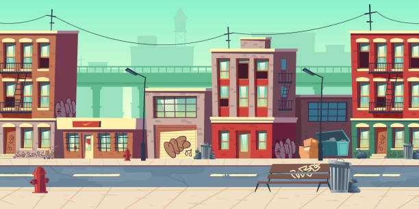 Dirty city street, empty ghetto slum neighborhood Dirty city street, empty ghetto slum neighborhood area with poor houses buildings with scribbled walls stand at roadside with overfilled litter bins and garbage bags around cartoon vector illustration street stock illustrations