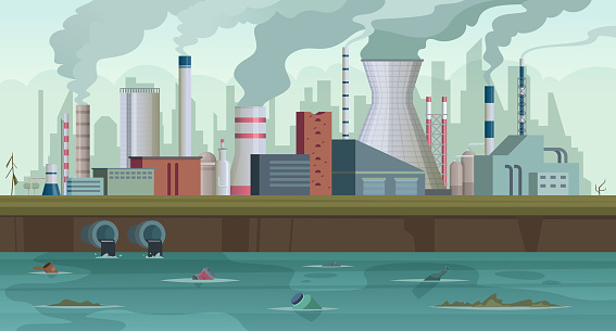 Dirty factory. Trash and smoke from urban factory production river pollution city smog in sky concept background