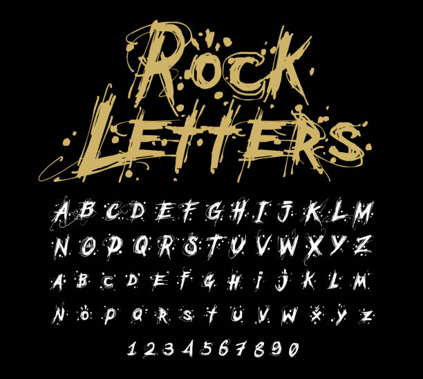 Dirty letters Hand drawn dry brush font. Modern brush lettering. Grunge style alphabet. Vector illustration. rock music stock illustrations