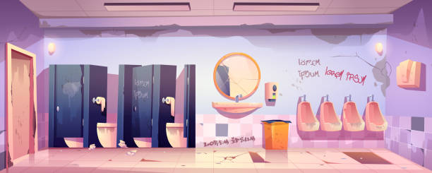 Dirty public restroom with messy toilet bowls Dirty public restroom with messy toilet bowls and urinals, broken floor and mirror, graffiti drawn on wall. Vector cartoon illustration of old male lavatory, empty unclean WC interior bathroom door signs drawing stock illustrations