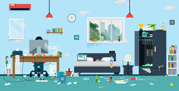 illustrazioni stock, clip art, cartoni animati e icone di tendenza di stanza sporca - room