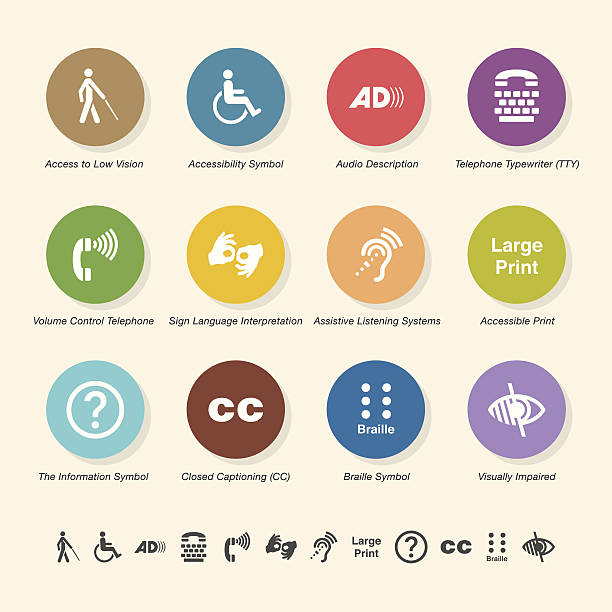 ilustraciones, imágenes clip art, dibujos animados e iconos de stock de el acceso para los discapacitados iconos-color círculo serie - hearing aid