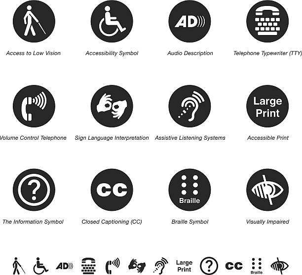 ilustraciones, imágenes clip art, dibujos animados e iconos de stock de el acceso para los discapacitados silueta de iconos - hearing aid