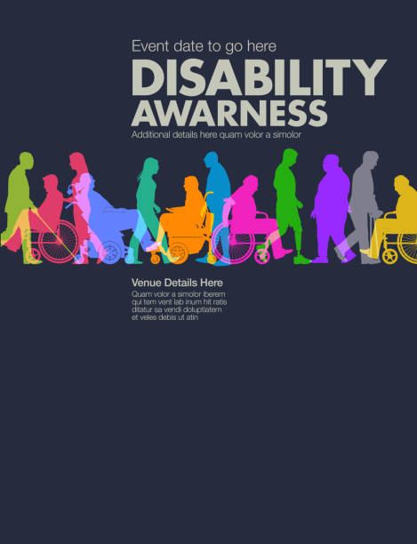 Disability Awareness Design Template Group of people representing a diverse range of Disabilities in society brochure silhouettes stock illustrations