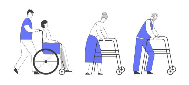 殘疾概念。男子推年輕的殘疾女孩坐在輪椅上。高級男人和女人移動與前輪步行者或步行框架卡通平面向量插圖，線藝術的説明 - 輪椅 插圖 幅插  畫檔、美工圖案、卡通及圖標
