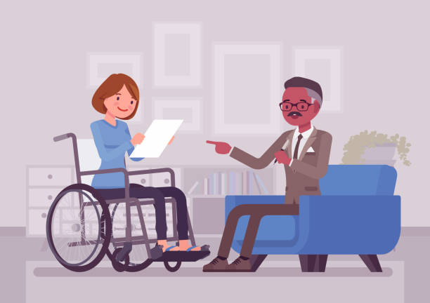 asuransi disabilitas, dukungan medis untuk wanita kursi roda cacat - injury lawyers ilustrasi stok